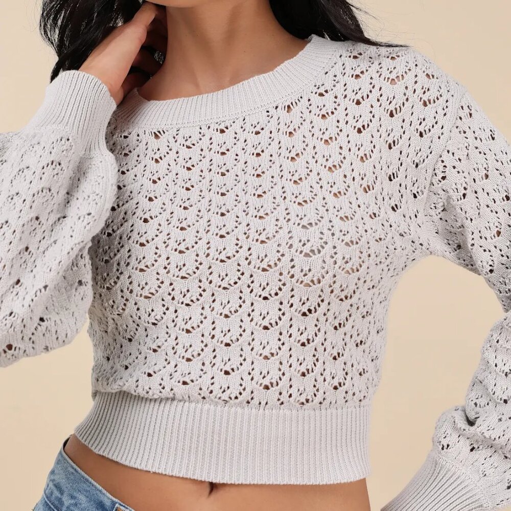Lulus White Lace-Up Cropped Pointelle Sweater M